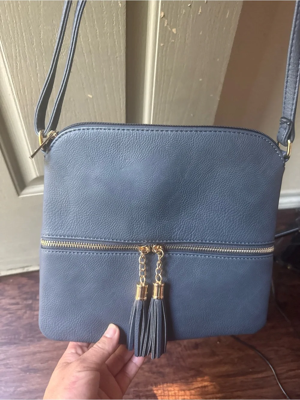 Women's Blue Crossbody Bag with Tassel Zip Pocket